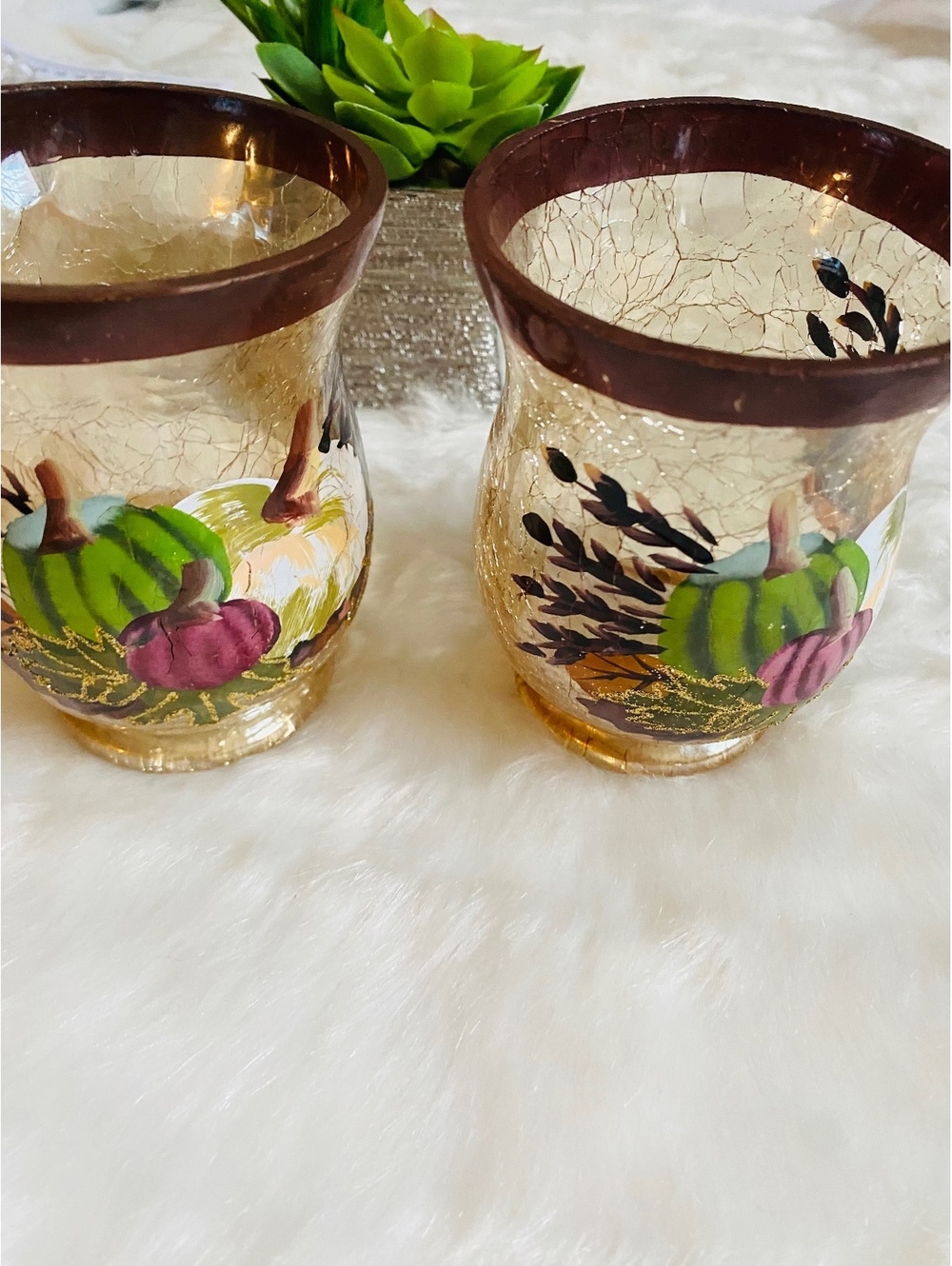 Fall Pumpkin Hand Painted Glass Votive Holders Set of 2